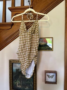 J. Crew Mustard and White Gingham One-Piece Swimsuit